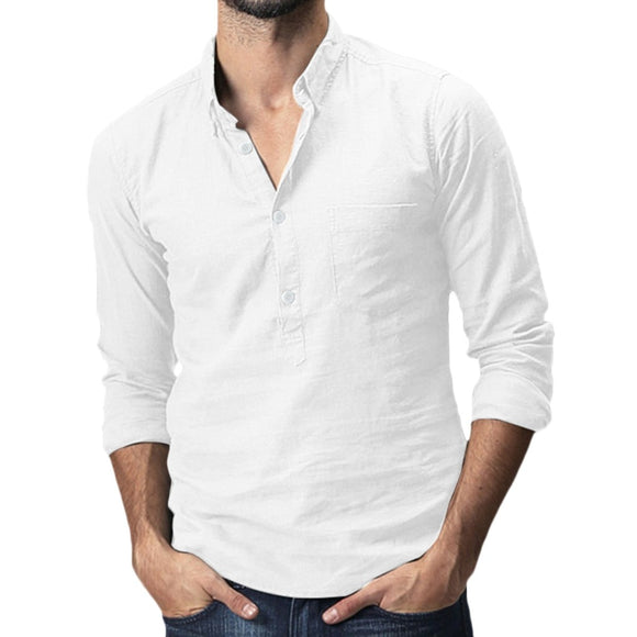 Autumn Men's Shirts Baggy Cotton Linen Solid Pocket Long Sleeve Turn-down Collar White Men Shirts Tops Tunic blusa masculina