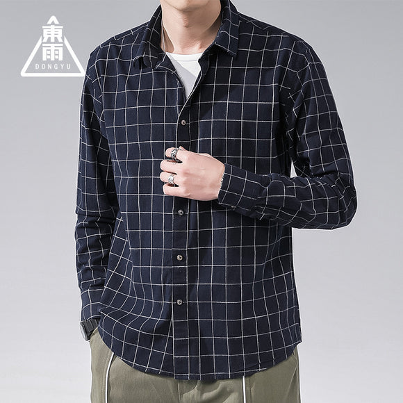 East Rain Men'S Wear Autumn New Arrival Japanese-style Retro Casual Sanding Plaid Long-sleeved Shirt Men Pure Cotton Versatile S