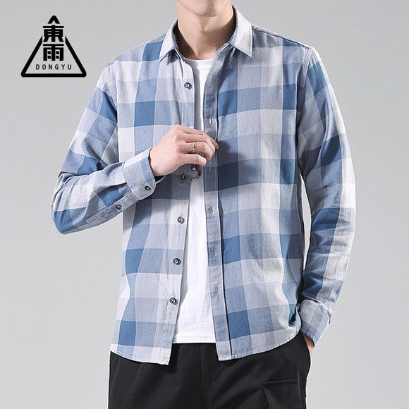 East Rain Men'S Wear Autumn New Arrival Japanese-style Retro Casual Sanding Plaid Long-sleeved Shirt Men Pure Cotton Versatile S