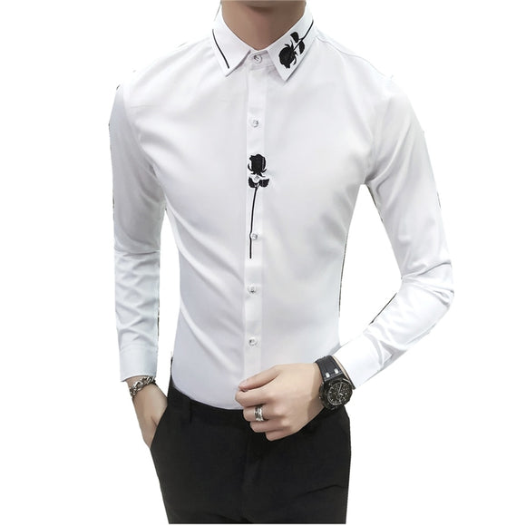 New Men Long Sleeve Embroidered Dress Shirt Fashion Rose Decoration Party Men's Shirt Size S  M  L  XL  2XL  3XL