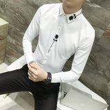 New Men Long Sleeve Embroidered Dress Shirt Fashion Rose Decoration Party Men's Shirt Size S  M  L  XL  2XL  3XL