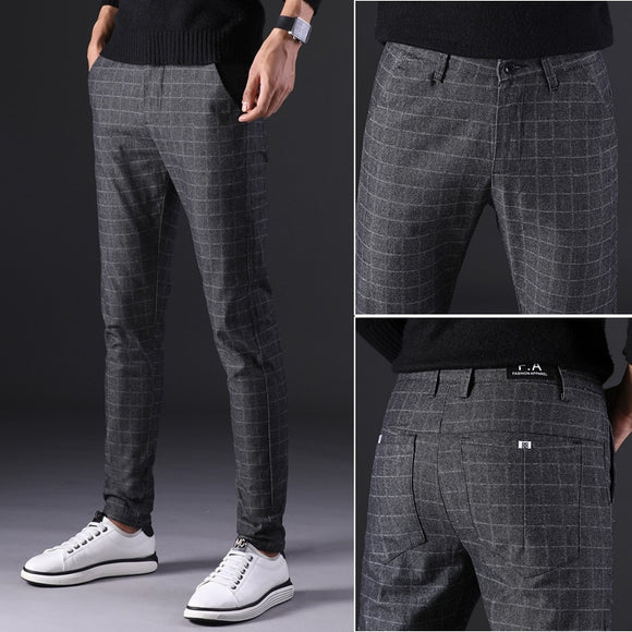 2019 New Men's Pants Straight Loose Casual Trousers Large Size Cotton Fashion Men's Business Suit Pants plaid Brown Grey cotton