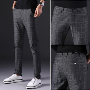 2019 New Men's Pants Straight Loose Casual Trousers Large Size Cotton Fashion Men's Business Suit Pants plaid Brown Grey cotton